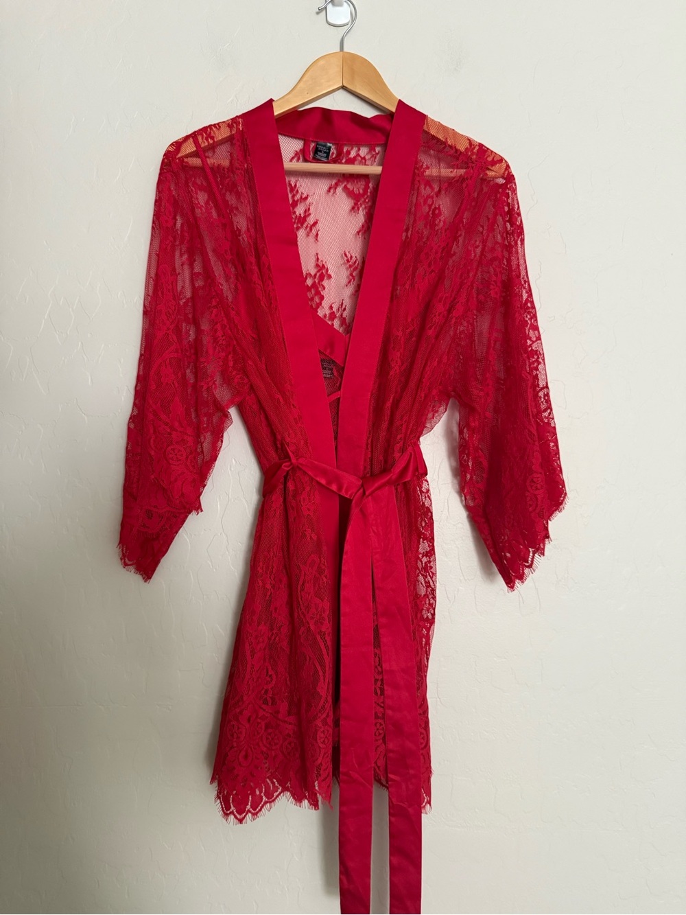 Hanky Panky Red Lace Peignoir 2pc Set Ruffle Bell Sleeve Robe M Chemise Slip 10